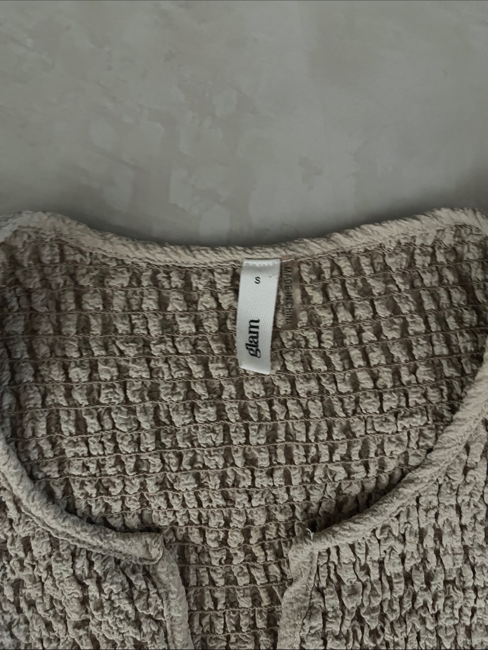 glam Taupe Smocked Knit Top with Ruffle Edge - Picture 2 of 5